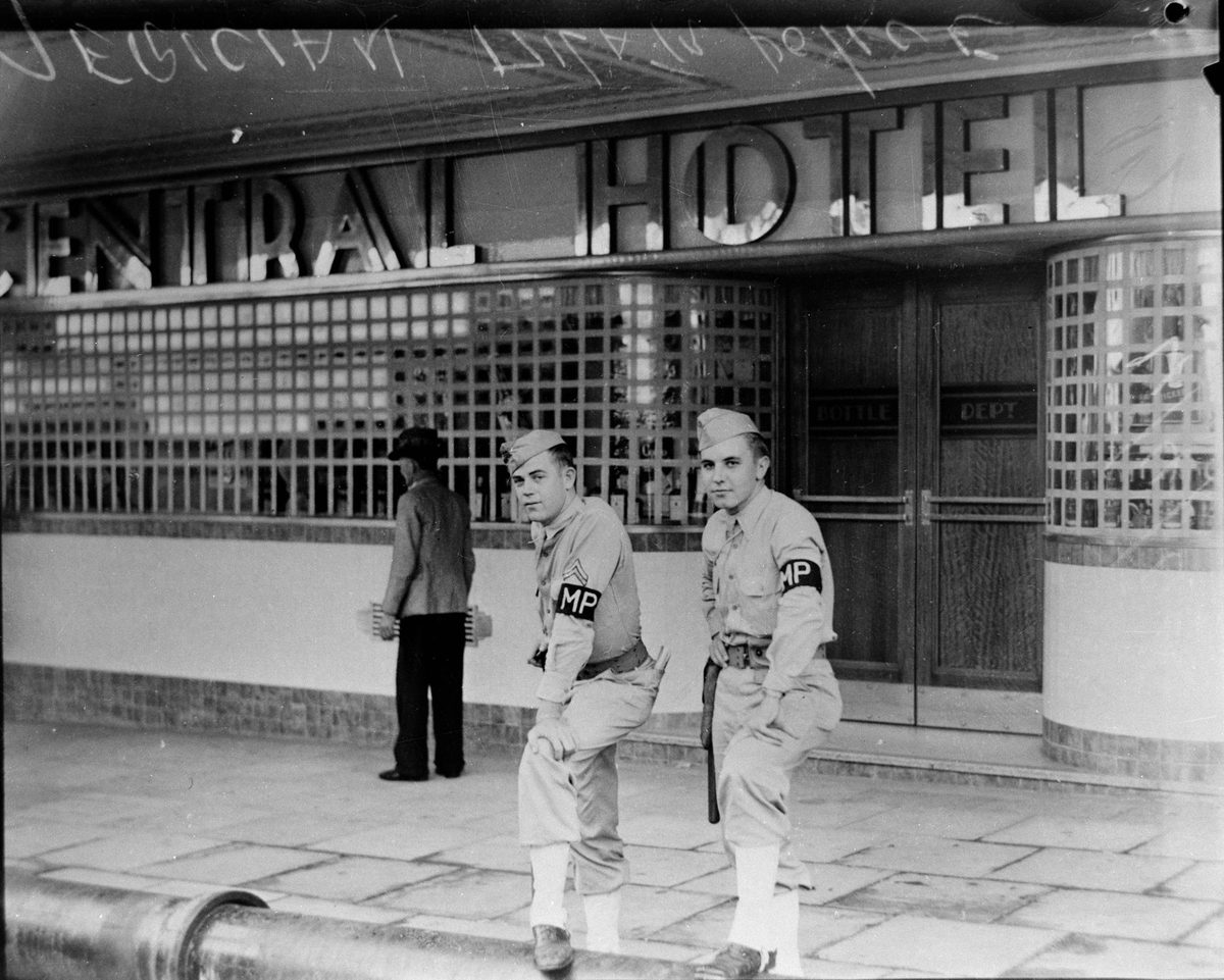 American military police outside the Central Hotel, Brisbane, Queensland, 1942