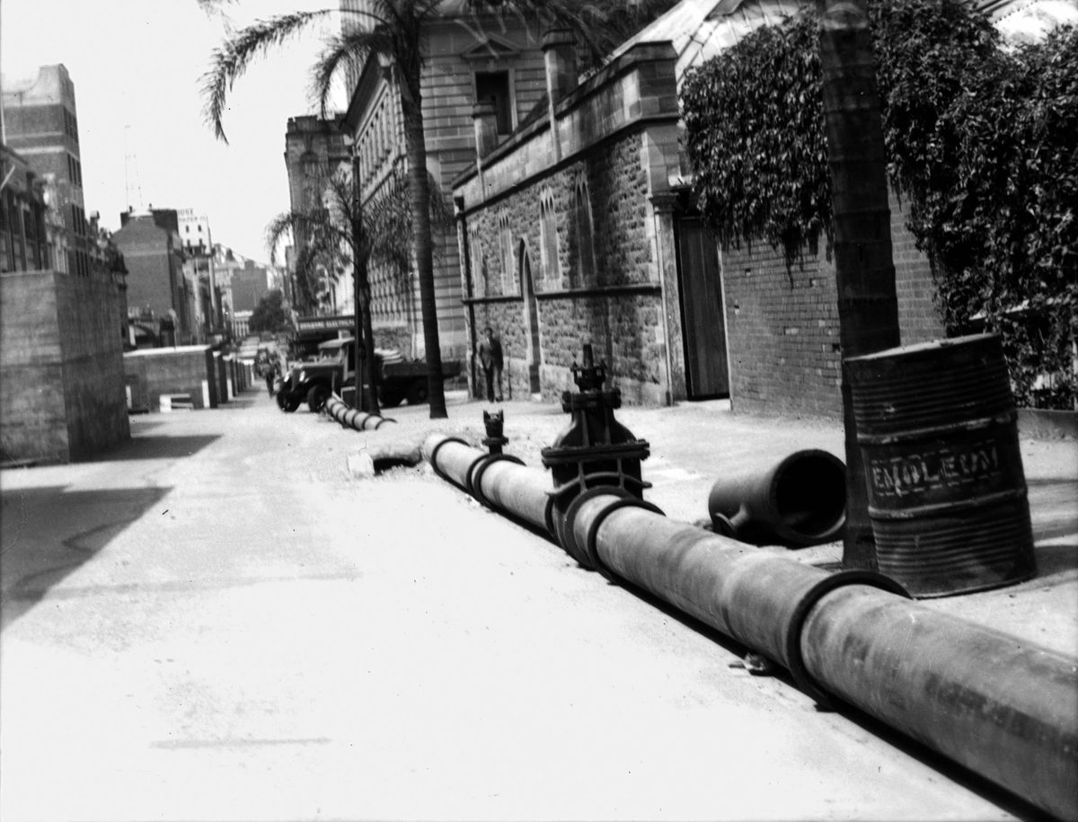 Saltwater pipes installed in Elizabeth Street, Brisbane, 1942, Brisbane City