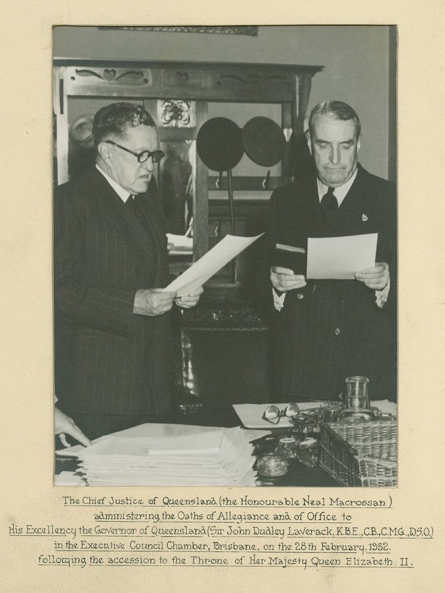 Sir John Dudley Lavarack on his investiture as Queensland Governor, Brisbane (1952)