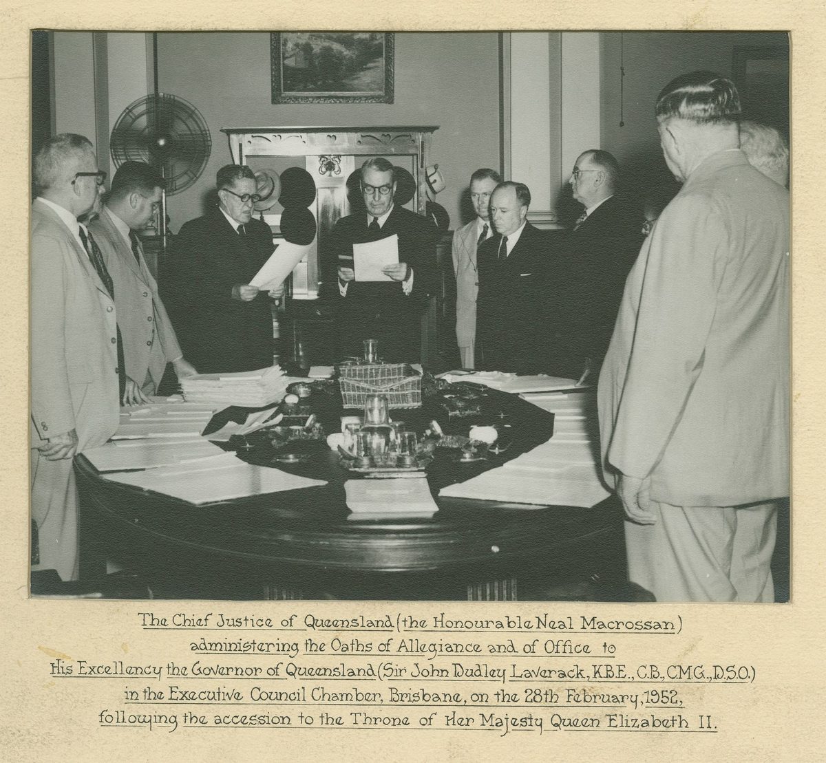 Sir John Dudley Lavarack taking the Oath of Allegiance, 1952, Brisbane