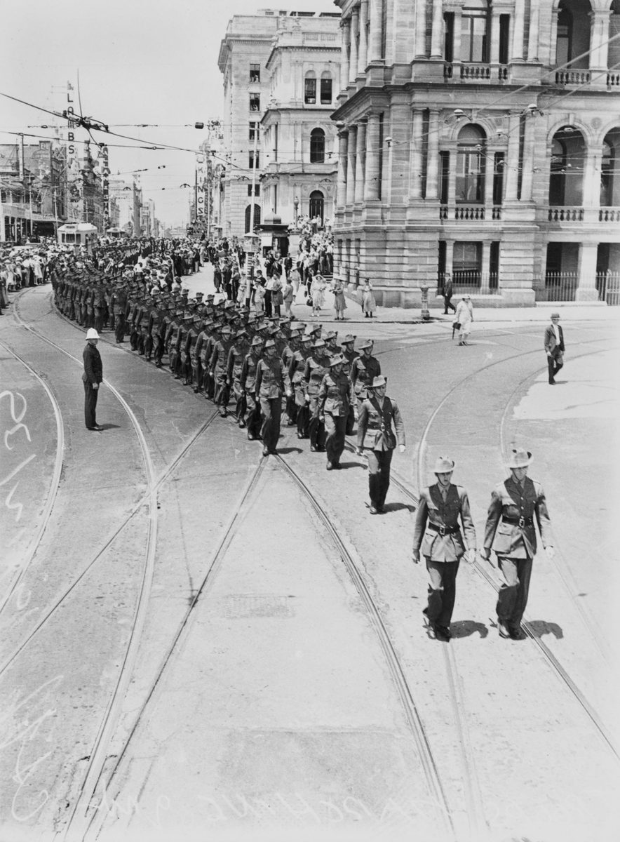 Soldiers marching in a procession in Brisbane, 1939