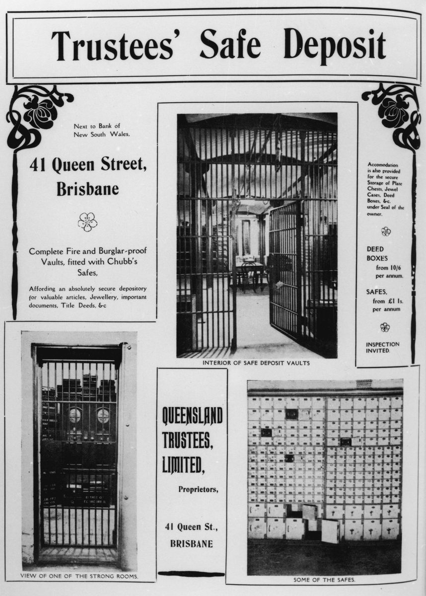 Safe Deposit facilities available at Queensland Trustees Limited, Brisbane, 1910