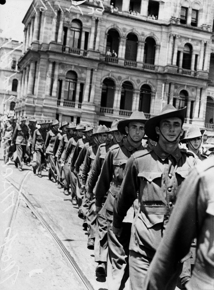 Infantry procession in Queen Street Brisbane, December 1939, Brisbane City