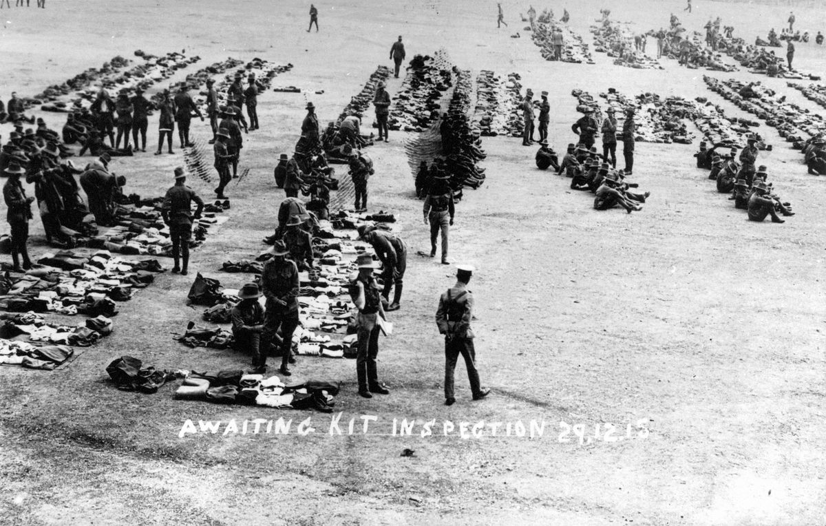 Awaiting kit inspection at Thompson's Paddock (Enoggera Army Barracks), 1915