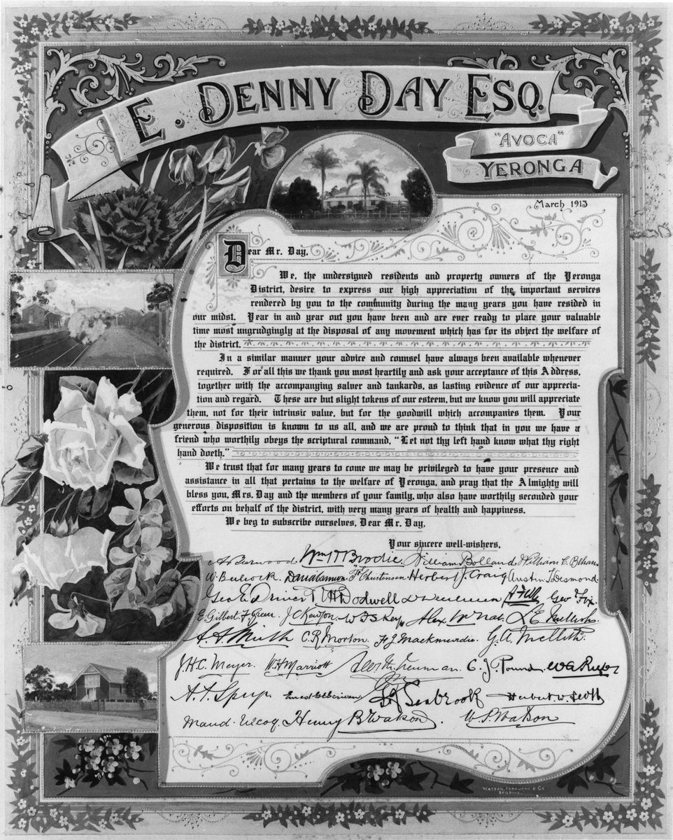 Illuminated address presented to E. Denny Day, Esq., of Avoca at Yeronga, 1913