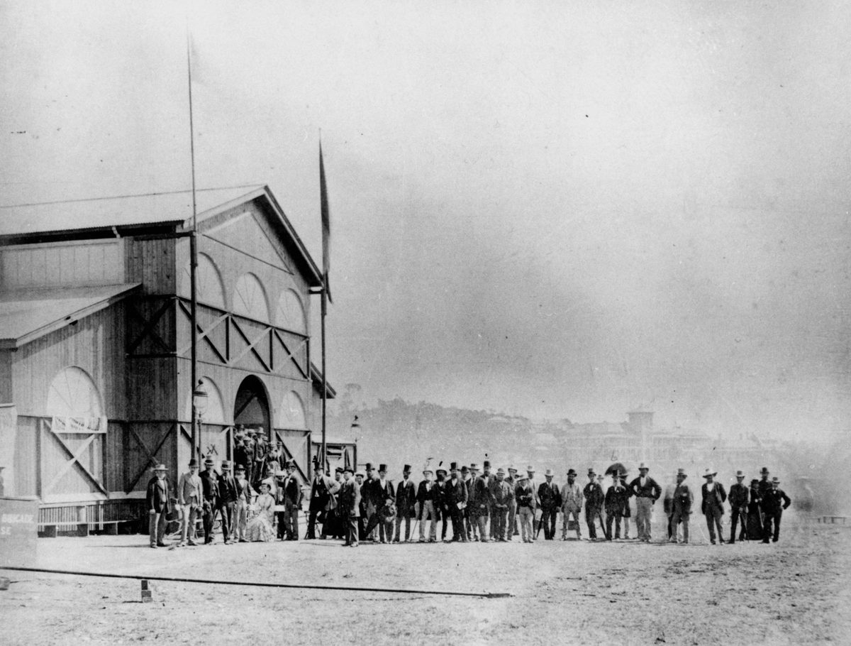 Governor of Queensland, Sir William Cairns, and the official party at the opening of the first Queensland Intercolonial Exhibition in 1876, Brisbane