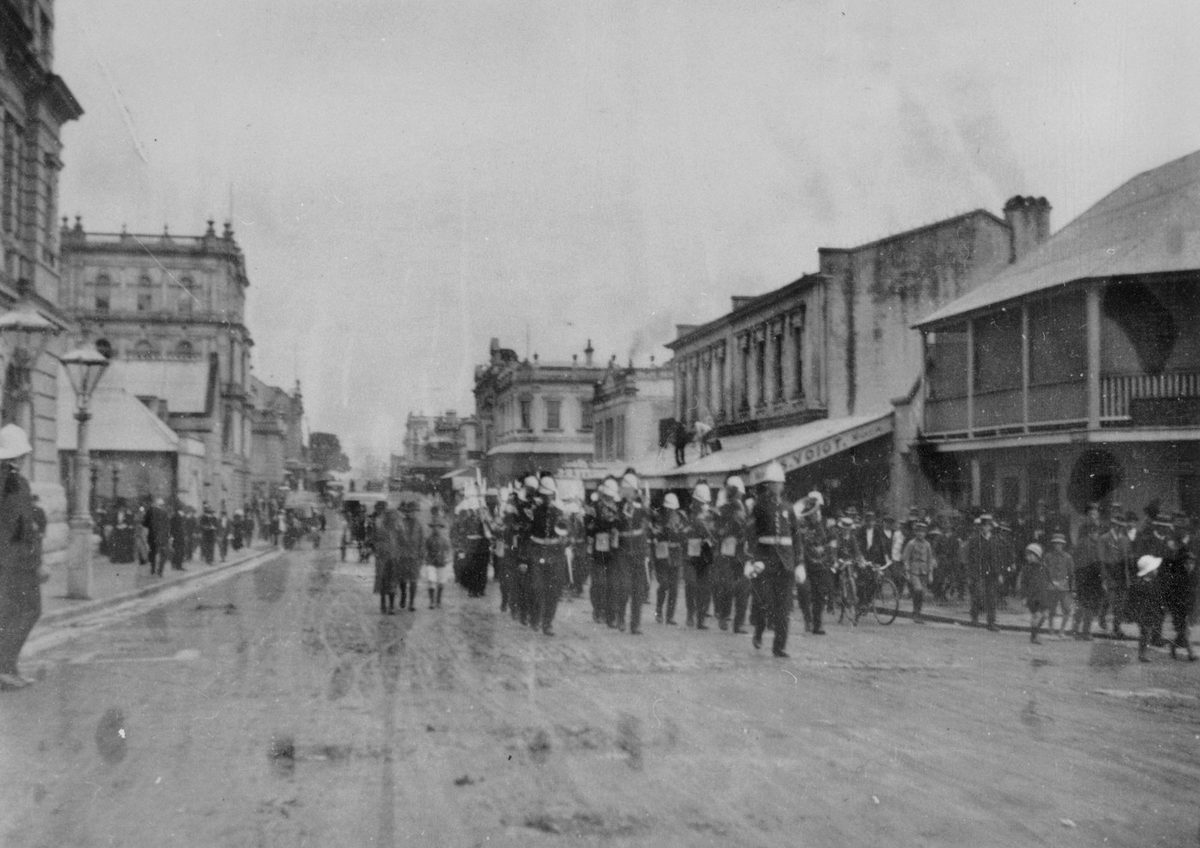 Military procession marching along George Street at the opening of Parliament, Brisbane, 1912, Brisbane City