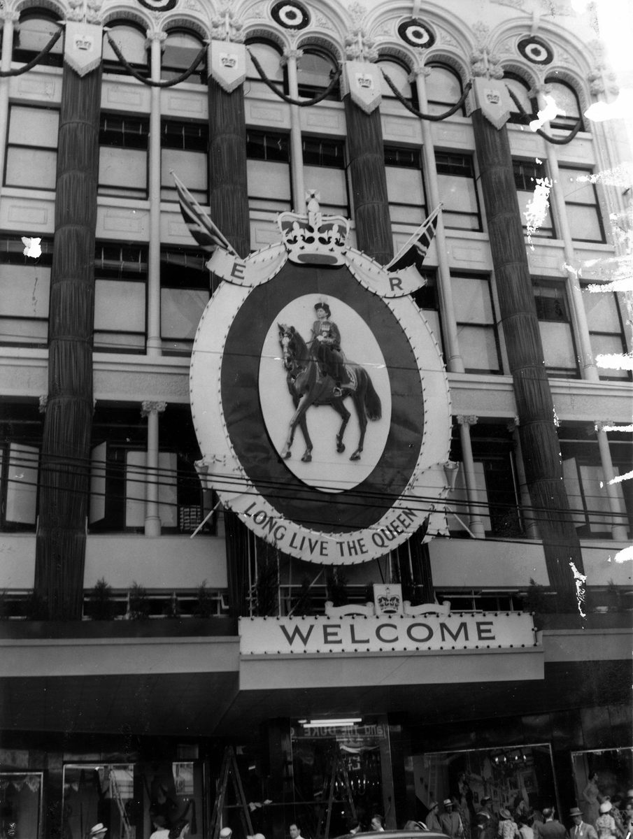 Finney's Building in Queen Street, Brisbane decorated to welcome Queen Elizabeth II in 1954, Brisbane City