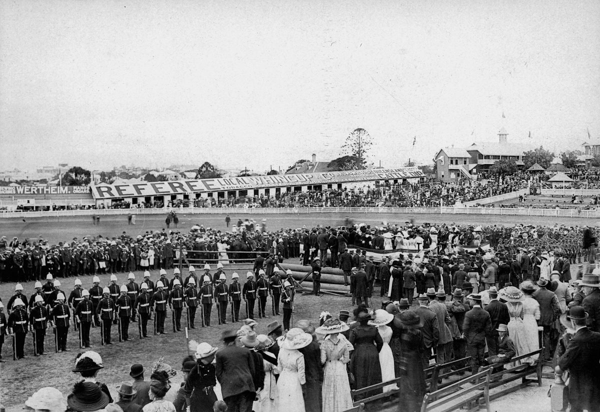 Military parade in front of a large crowd at the Exhibition Ground, Brisbane, 1914, Bowen Hills