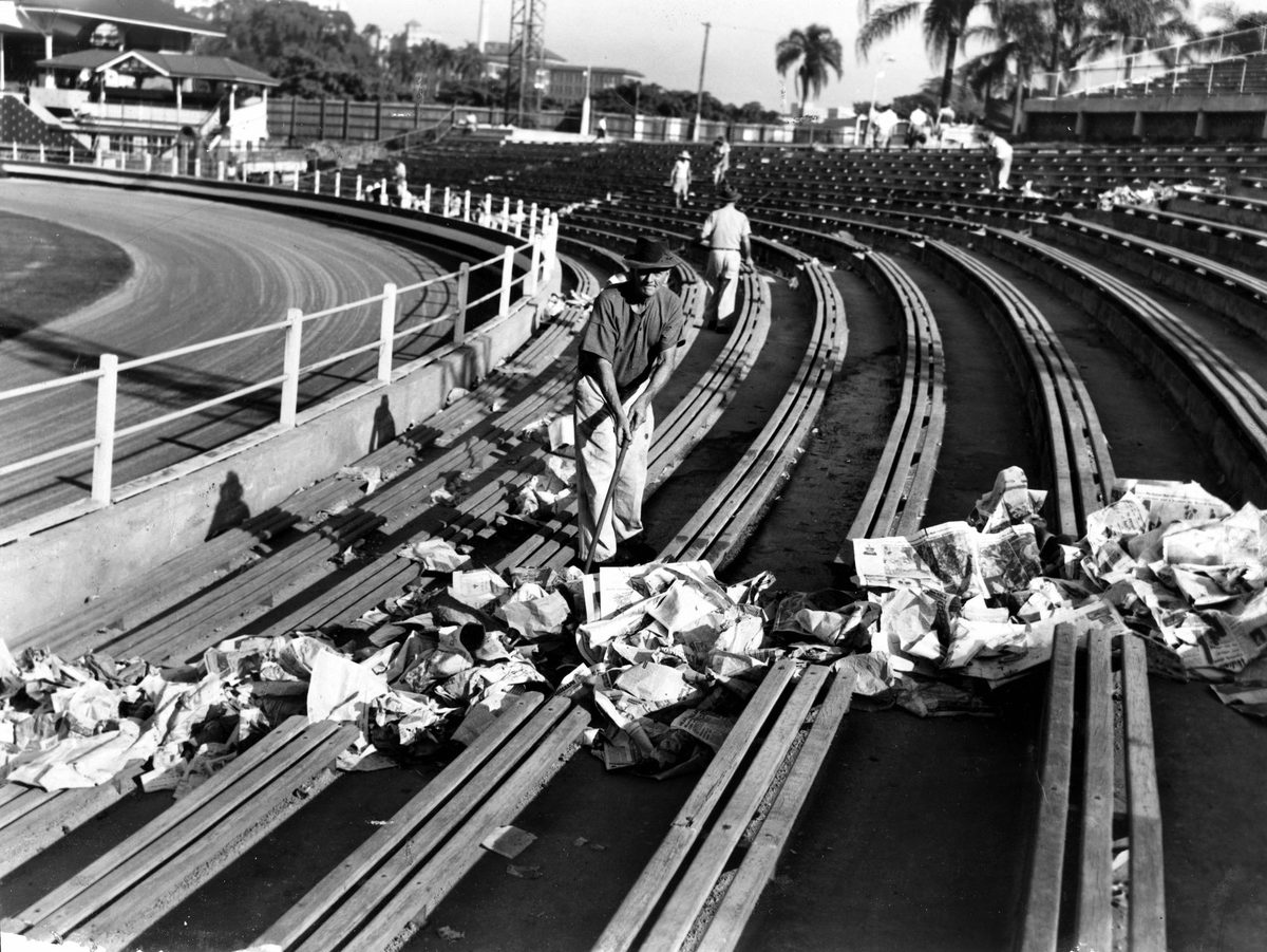 Cleaners worked hard after the Civic Welcome to Queen Elizabeth II and the Duke of Edinburgh, Brisbane, 1954, Bowen Hills