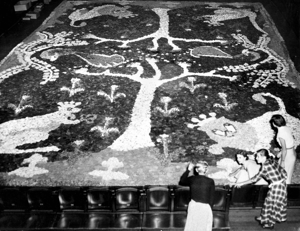 Large floral carpet made of fresh flowers, Chelsea Flower Show, Brisbane, 1953