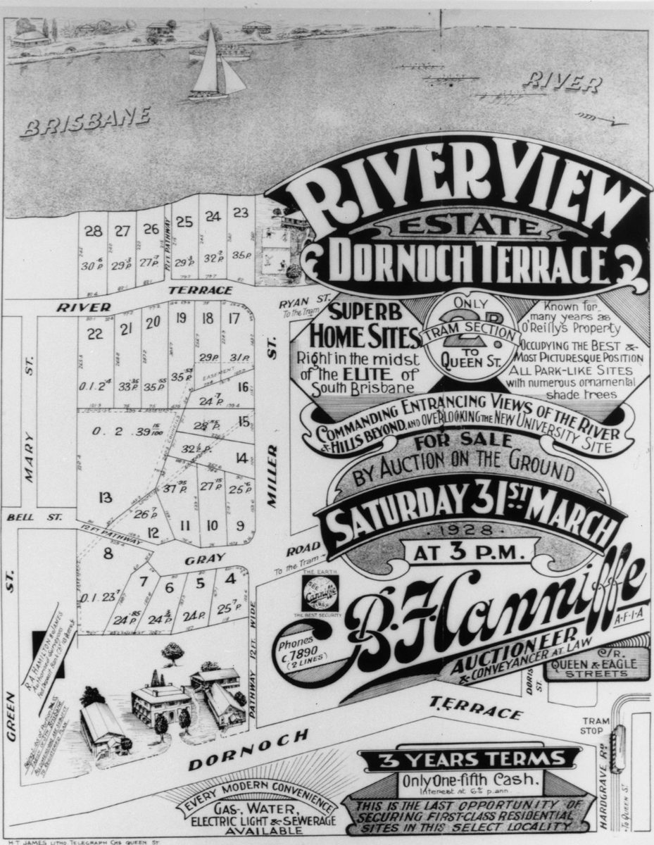Land sale handbill of Riverview Estate off Dornoch Terrace, Highgate Hill , Brisbane, 1928
