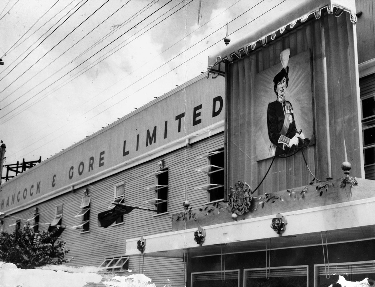 Hancock and Gore Limited decorated their building for visit of Queen Elizabeth II in March 1954, Buranda