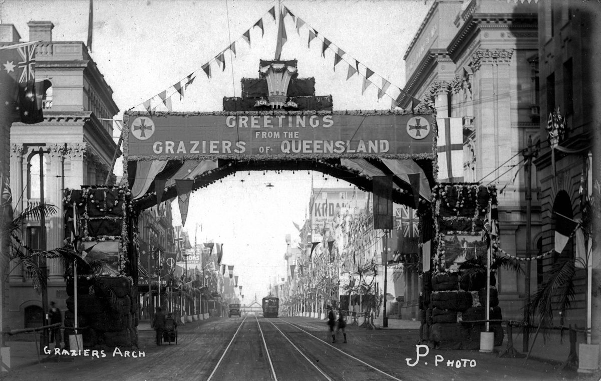 Ceremonial arch erected by the pastoralists of Queensland for the Royal Visit in July 1920, Brisbane