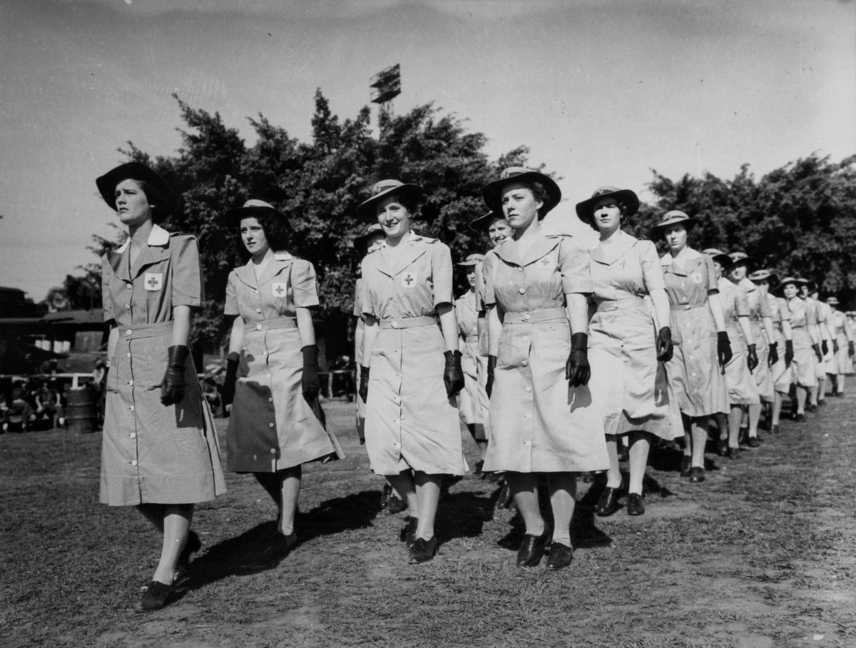 Parade of Voluntary Aid Detachment ladies at the Exhibition Grounds, Brisbane, September 1944, Bowen Hills
