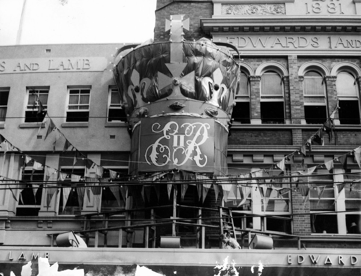 Decorations on Edwards and Lamb's building in Queen Street, Brisbane, 1954, Brisbane City