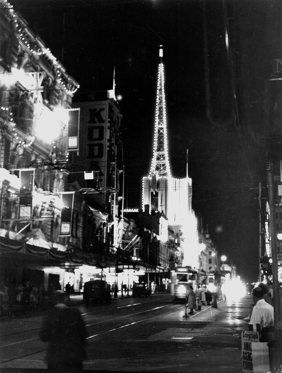 Illuminations in Queen Street, Brisbane, ready for the royal visit in 1954, Brisbane City