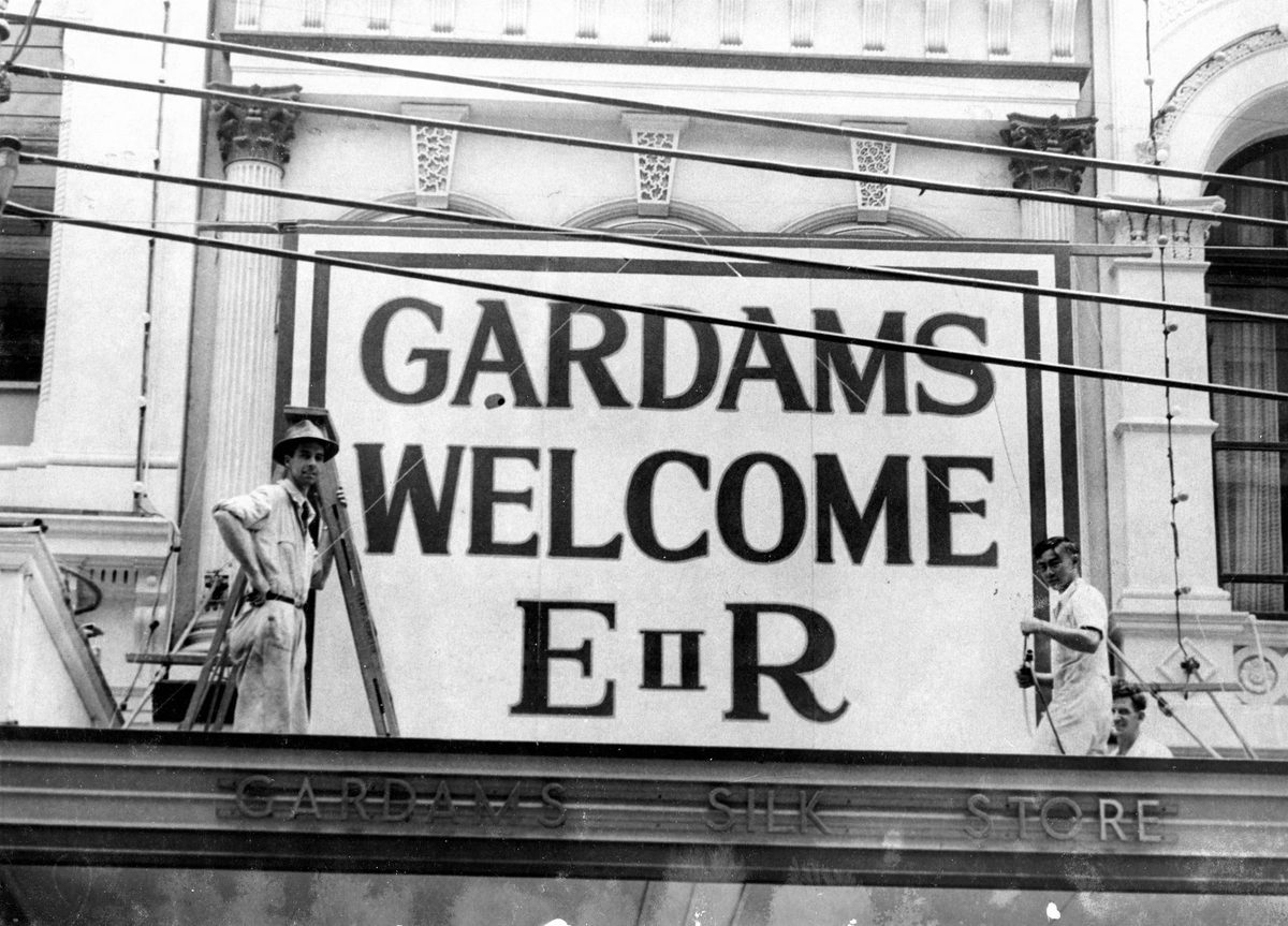 Gardams Silk Store in Queen Street, Brisbane, prepares for the visit of Queen Elizabeth II and Prince Philip in 1954, Brisbane City