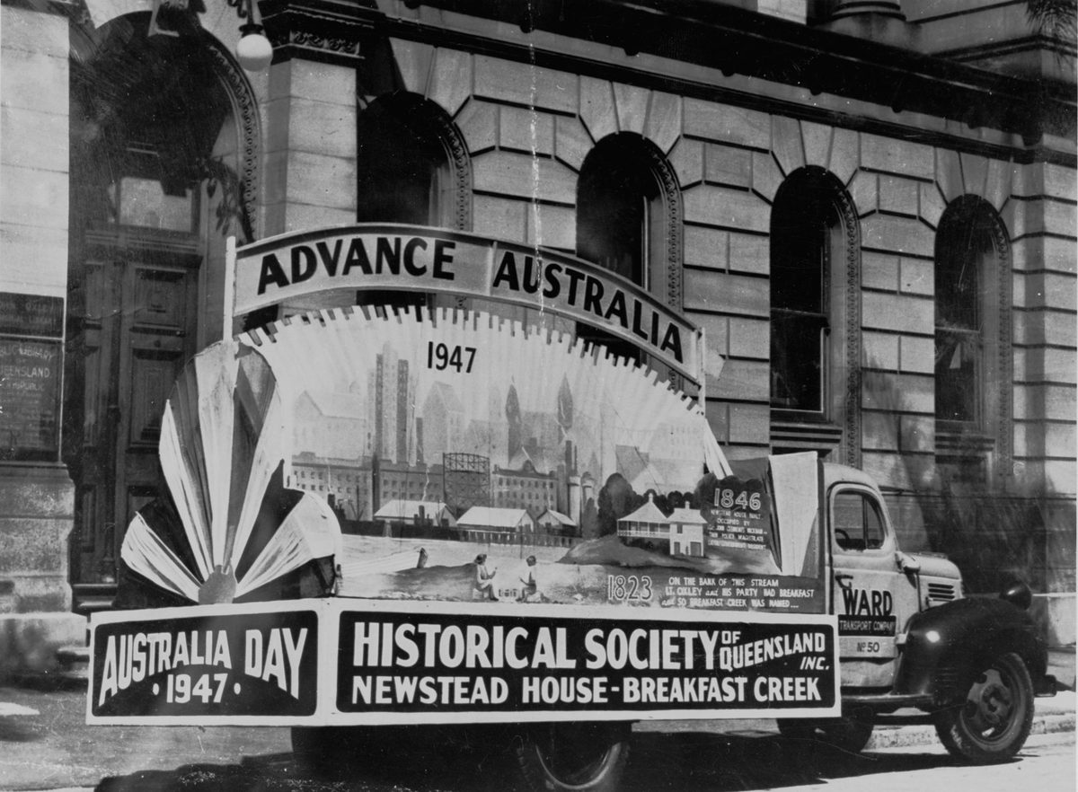 Float for Australia Day 1947 outside the State Library of Queensland, William Street, Brisbane, Brisbane City
