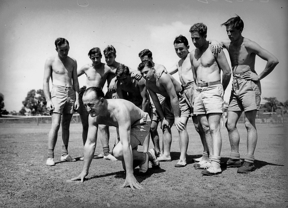Soldiers doing fitness training at the Army Physical Training School, Brisbane, 1942