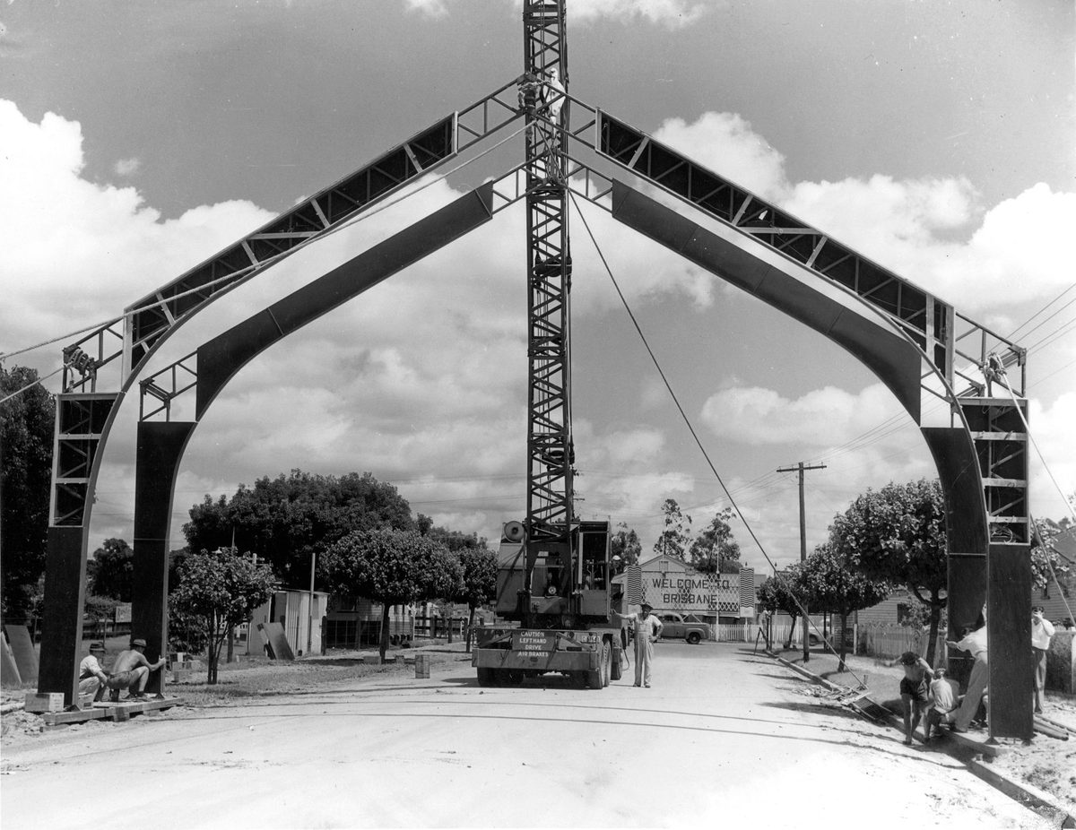 Construction of an archway as part of the street decorations for the Royal Visit in 1954, Brisbane