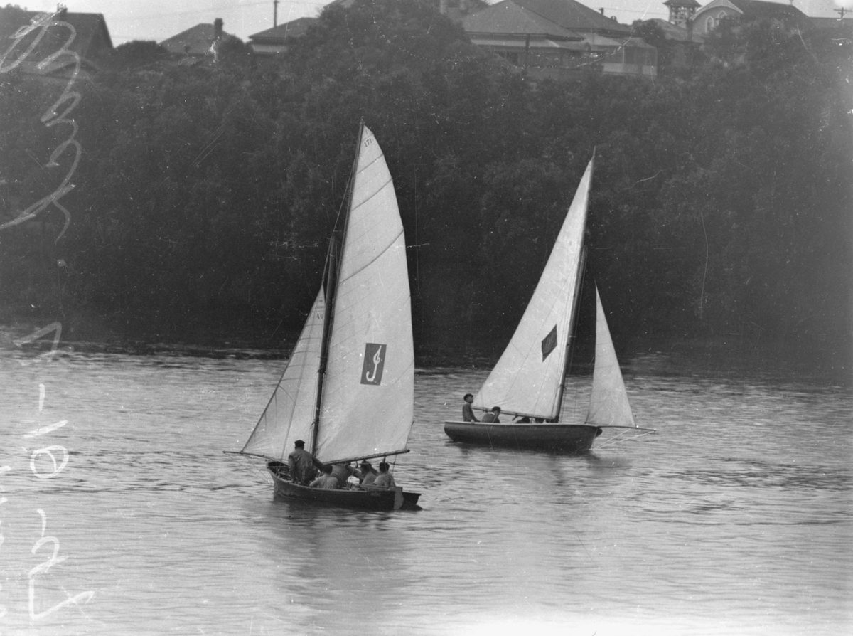 Two boats, Irene and Gralex, sailing at the Milton Reach, 1947, Brisbane River