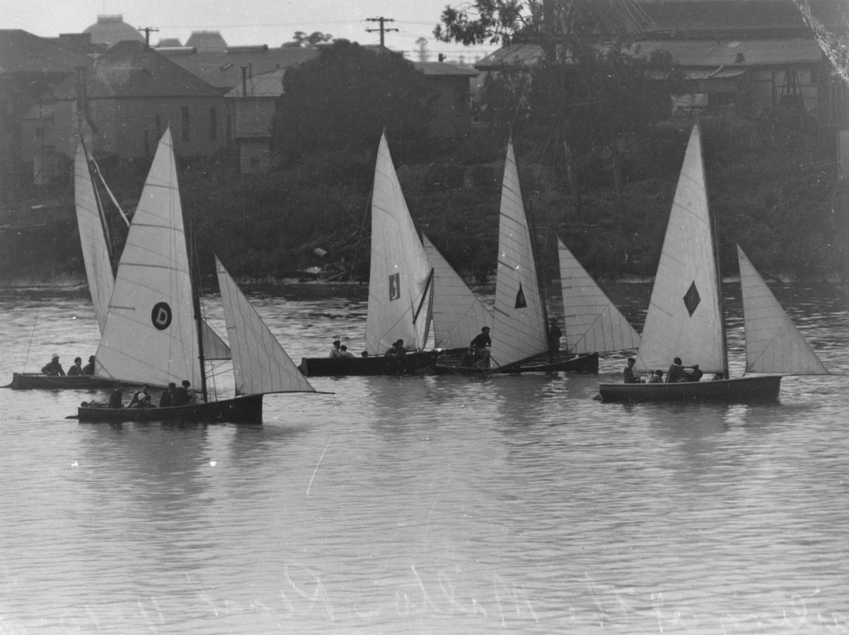 Five boats sailing on the Brisbane River at Milton Reach, 1947