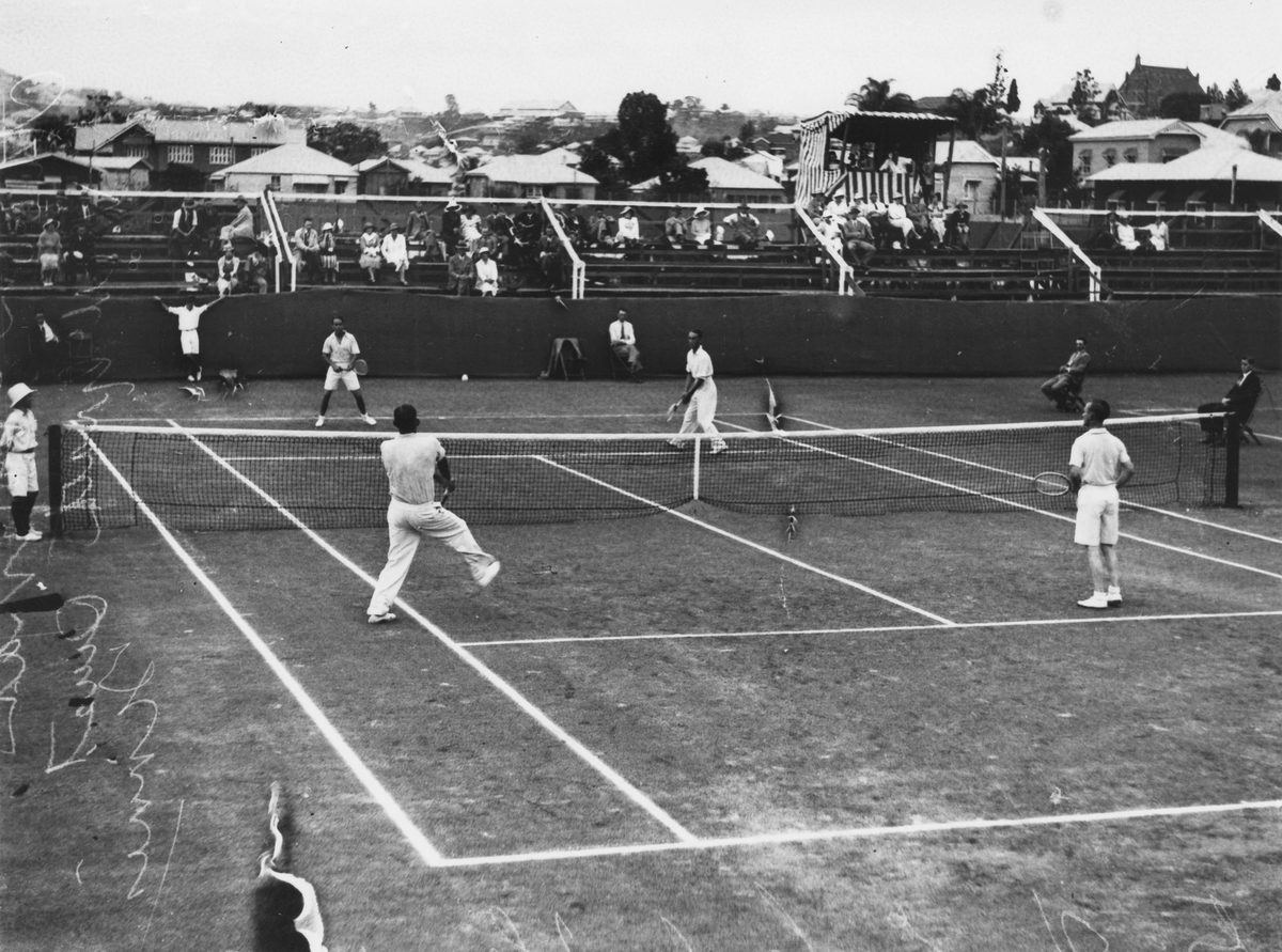Edgar Moon and Harry Hopman versus Vivian McGrath and Adrian Quist in a tennis match at Milton, 1933