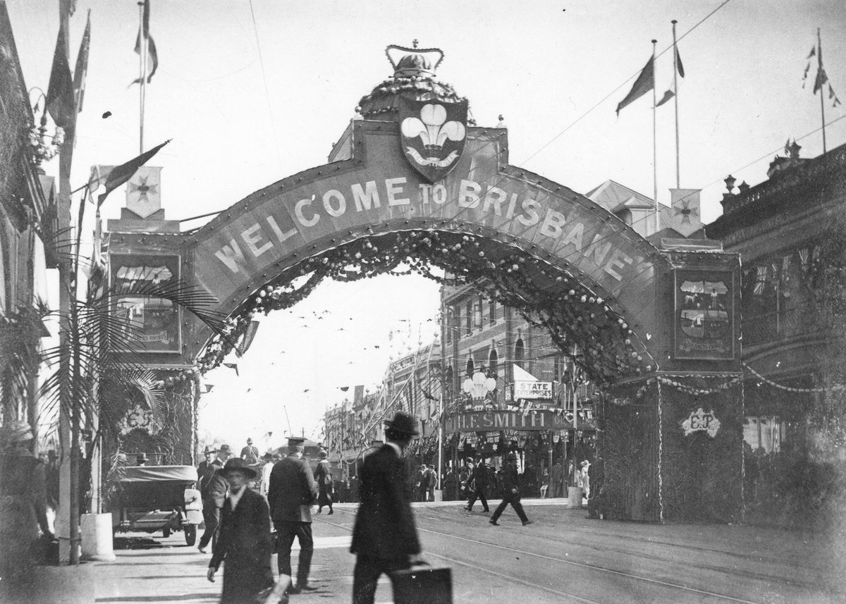 Civic arch of welcome erected at the corner of Queen and George Streets in honour of the Prince of Wale's visit, Brisbane, 1920