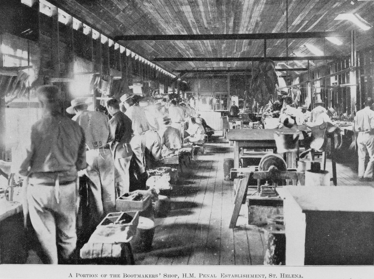 Prisoners making boots on St Helena Island, 1911