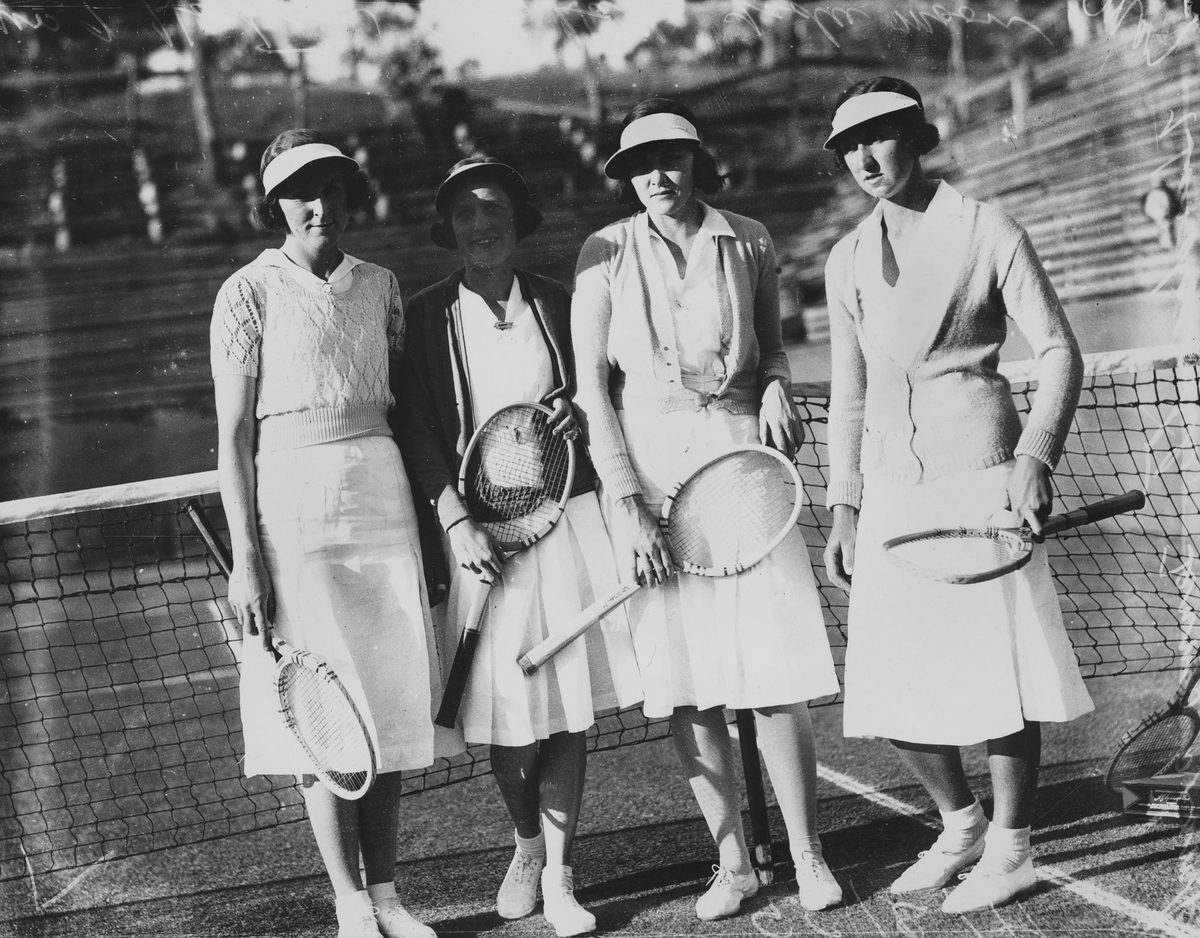 Female tennis players present for an interstate match between Queensland and New South Wales at Milton, 1933