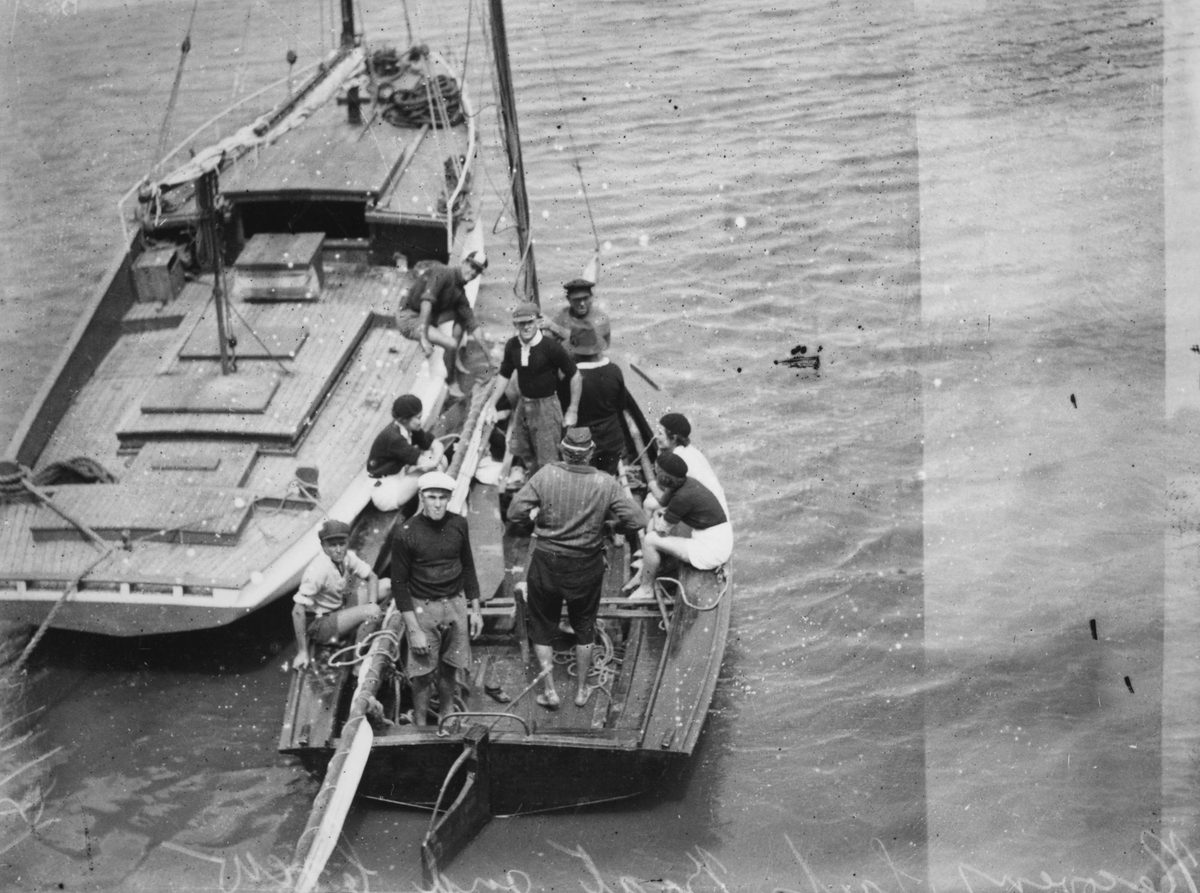 Crew on board the sailing boat Recovery, 1936, Brisbane