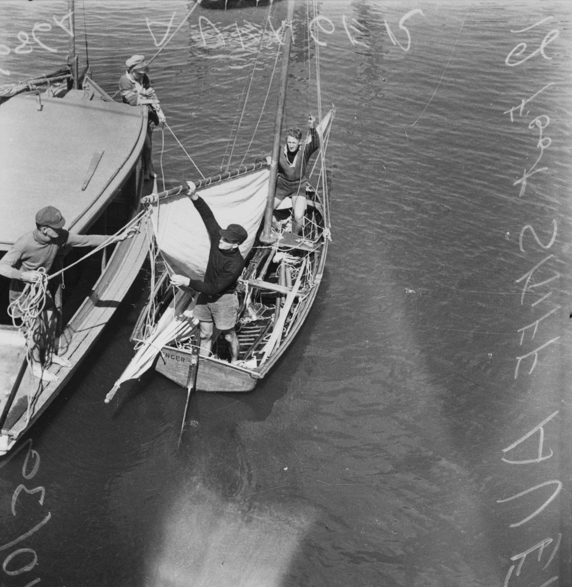 Crew on the twelve footer skiff Avenger, 1939, Brisbane