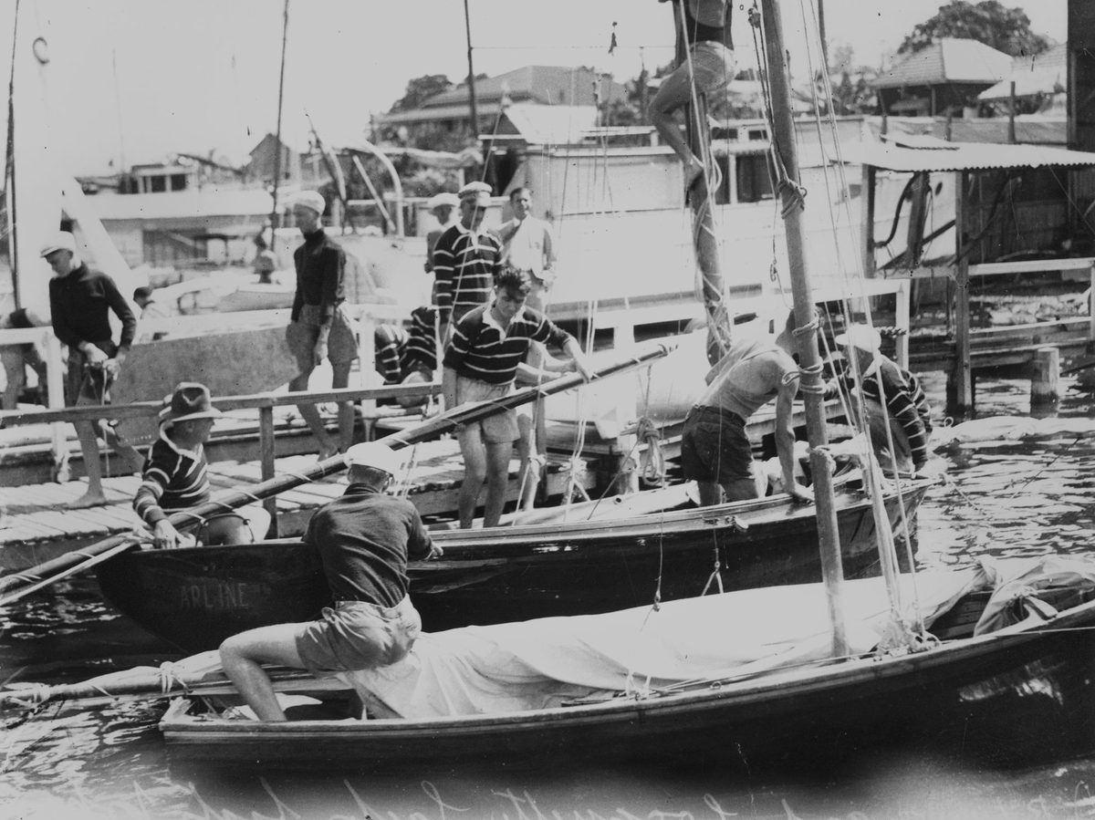 Crews preparing the sailing boats Arlene and Cocquette, 1935, Brisbane