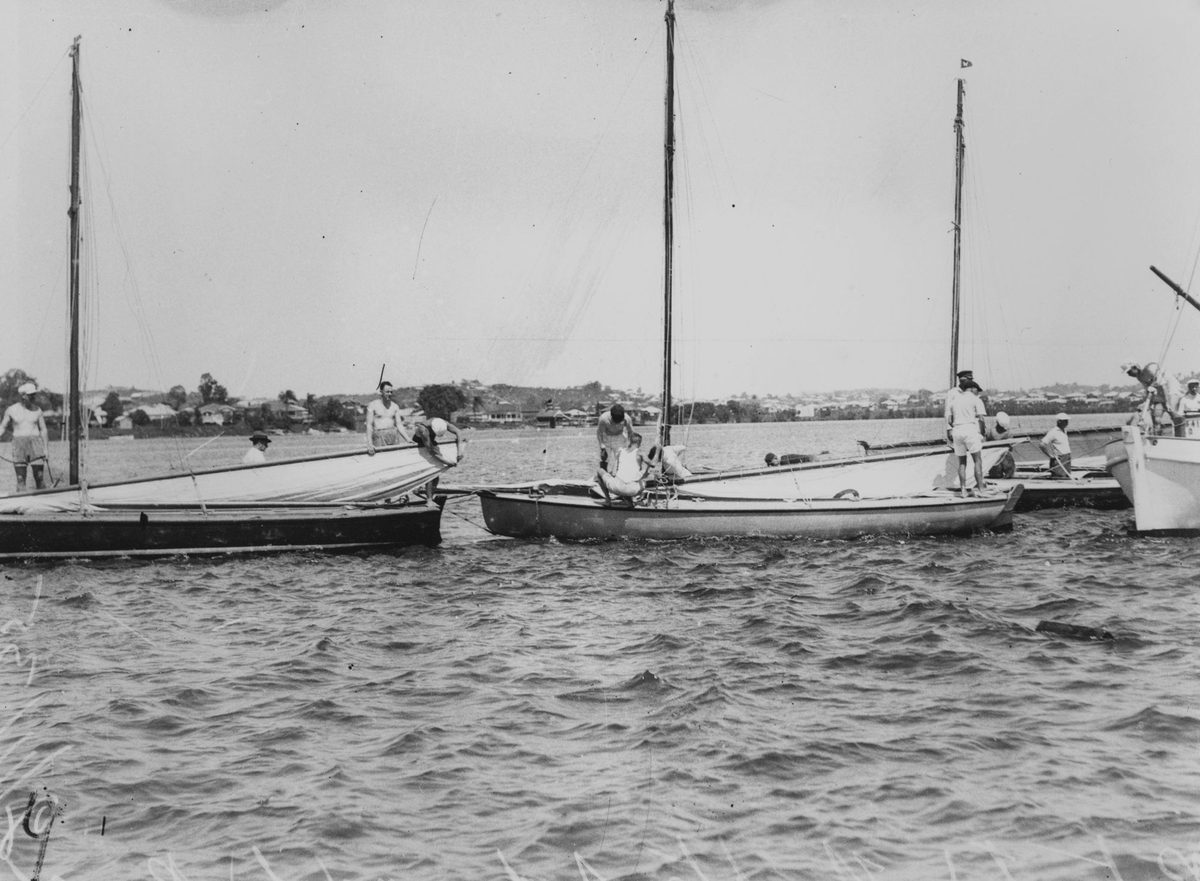 Restricted class yachts preparing for a race in Brisbane, 1935