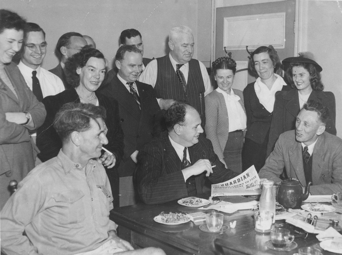 Trade Hall staff assemble with those released from jail for breaching Hanlon's Anti-picketing Laws, 1948., Brisbane