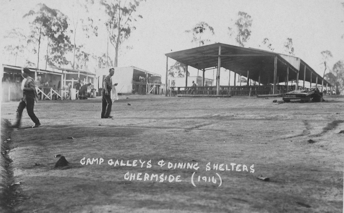 Chermside Army Camp galleys and dining shelters, 1916
