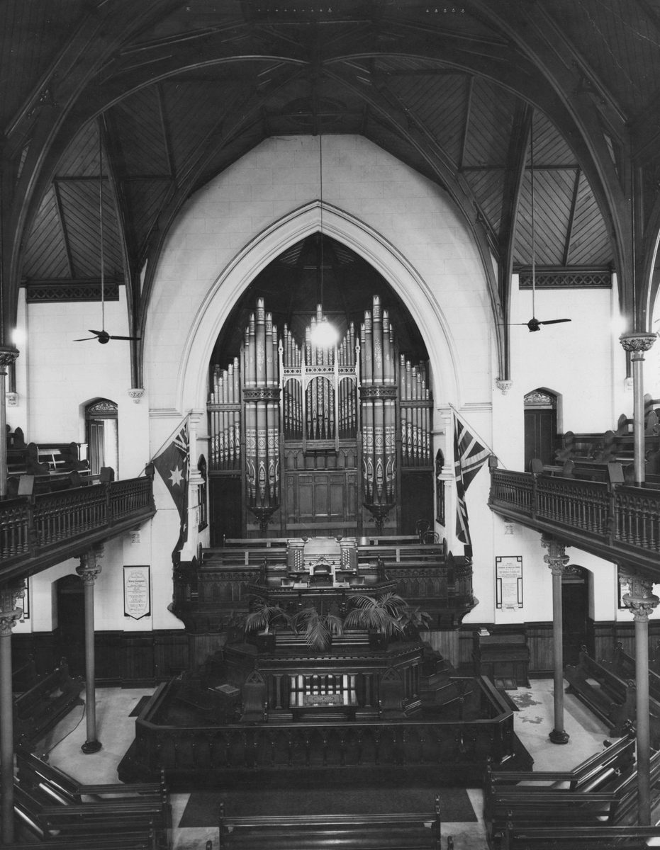 View of the pulpit inside the Albert Street Methodist Church, Brisbane, 1949, Brisbane City