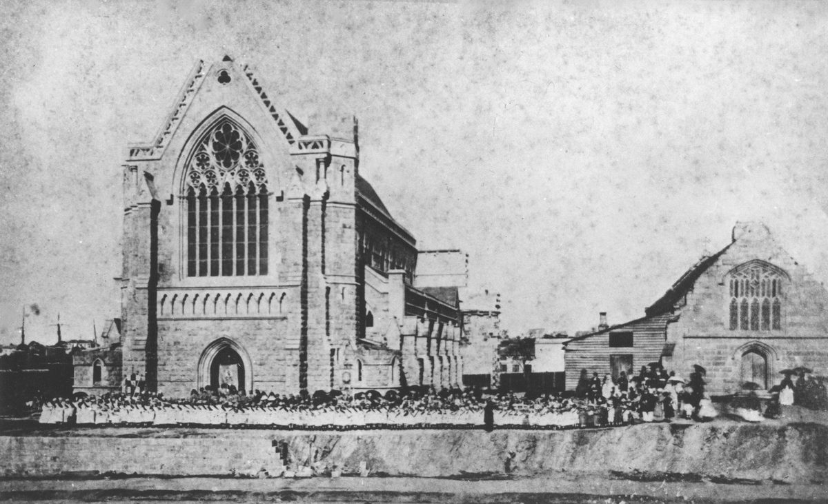 School children assembled for the Daniel O'Connell centenary celebrations outside St. Stephen's Cathedral, Brisbane, 1875, Brisbane City