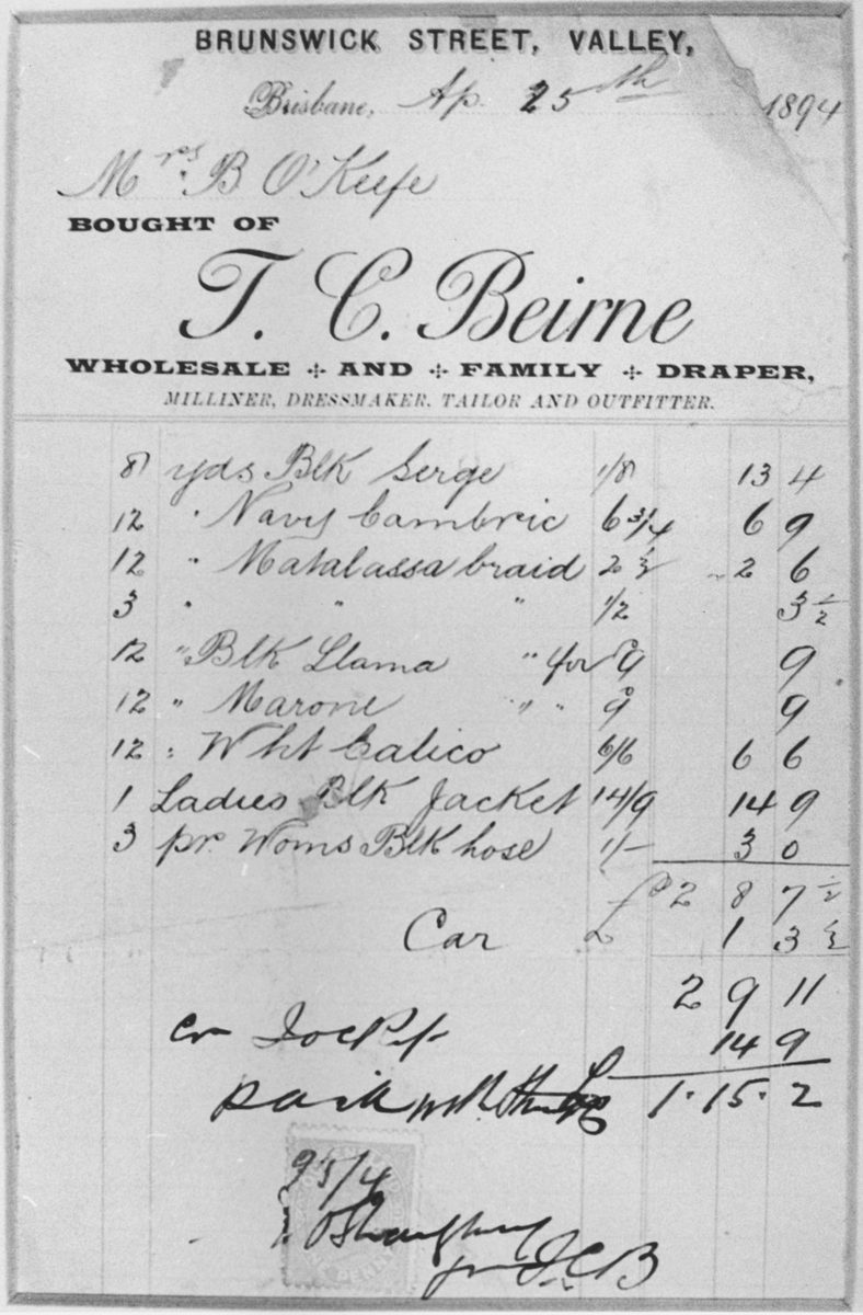 Bill of sale from the Brisbane firm T. C. Beirne, 1894, Fortitude Valley