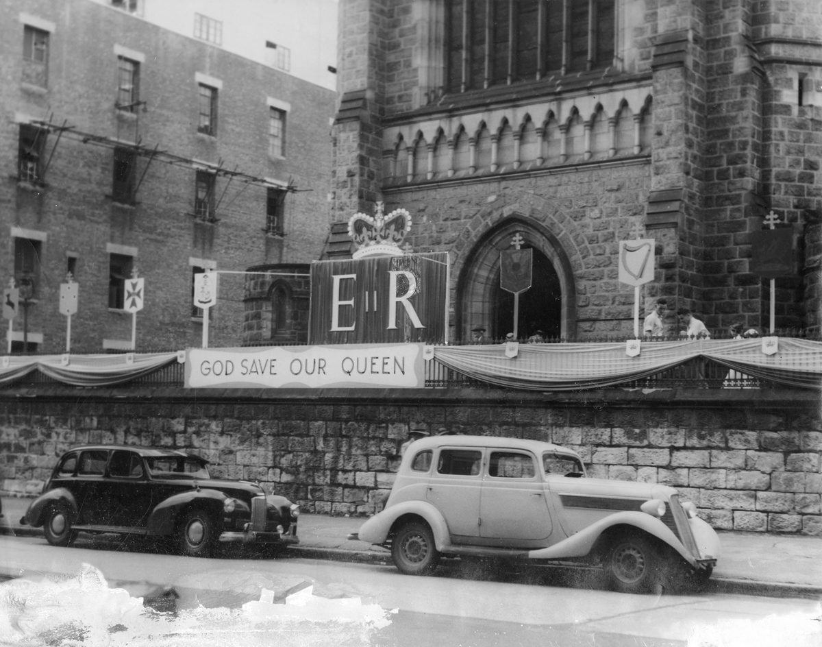 Decorating St. Stephens Cathedral for the Royal Visit, Brisbane, 1954, Brisbane City