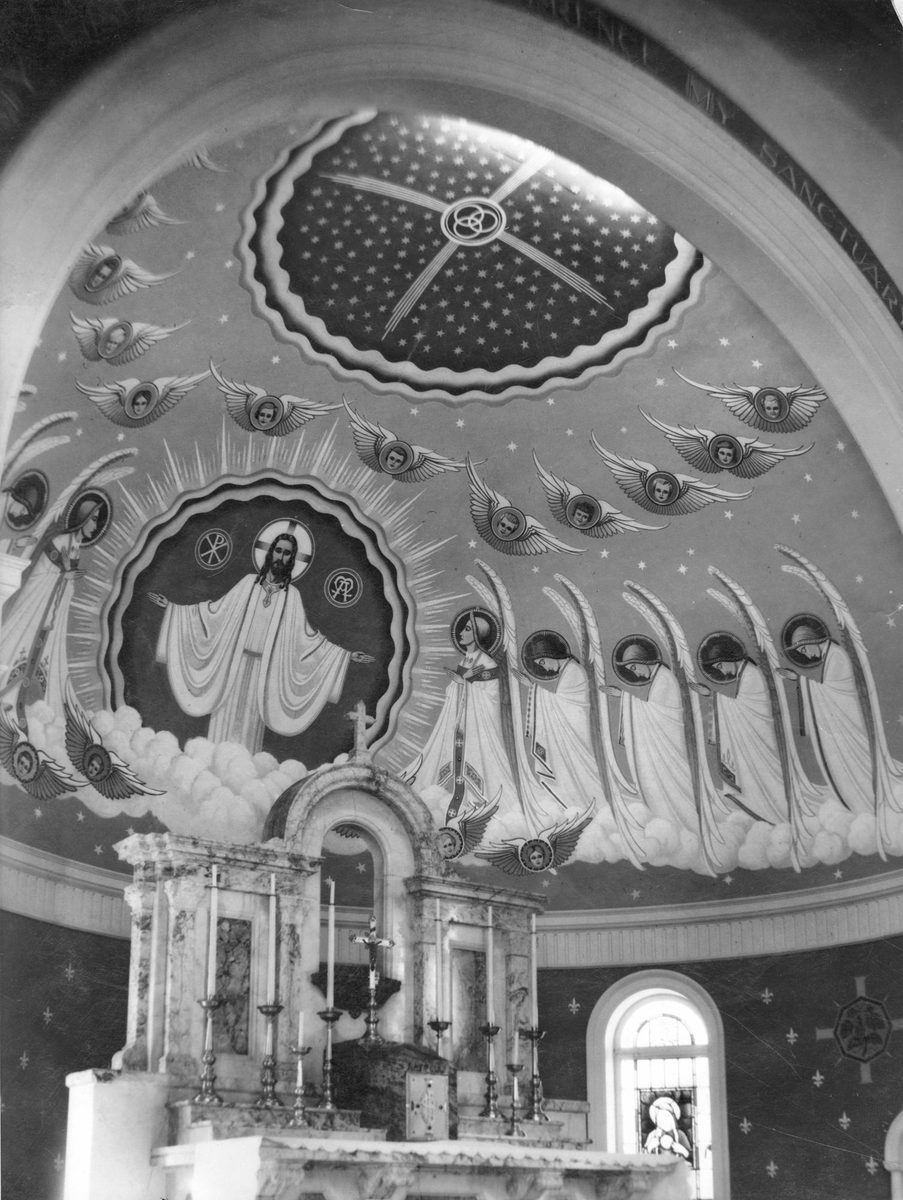 Altar and painted ceiling in St. Joseph's Church, Brisbane, 1948, Kangaroo Point