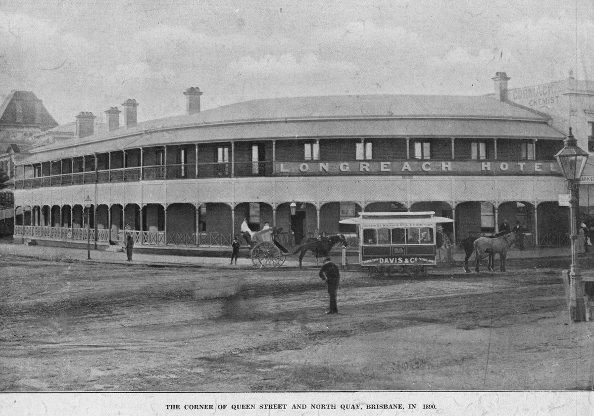 Longreach Hotel situated on the corner of Queen Street and North Quay, Brisbane, 1890, Brisbane City