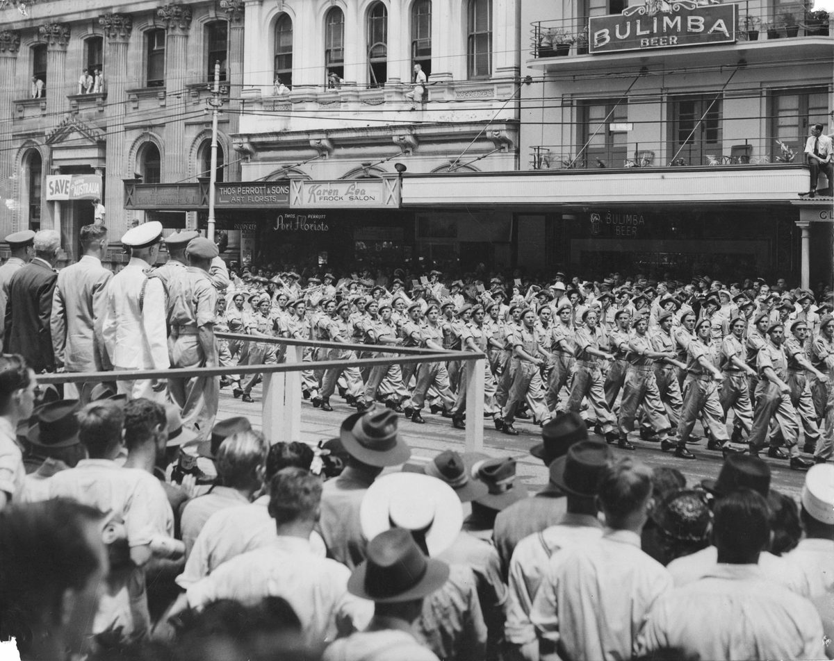 New Zealand Army troops marching in Queen Street, Brisbane, 1951, Brisbane City