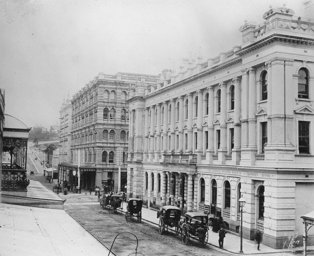 Edward Street looking west across the intersection with Queen Street, Brisbane, 1889, Brisbane City