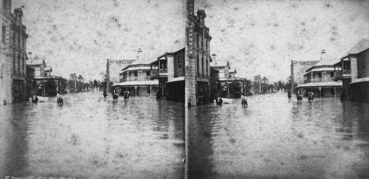 View of a flooded Edward Street, Brisbane, 1890, Brisbane City