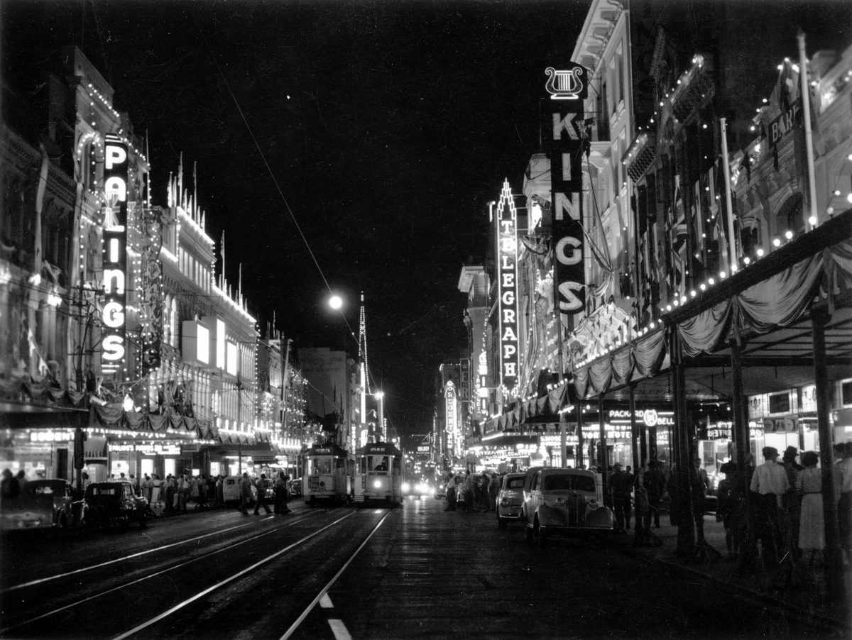 Queen Street, Brisbane, with decorations for the royal visit in 1954, Brisbane City