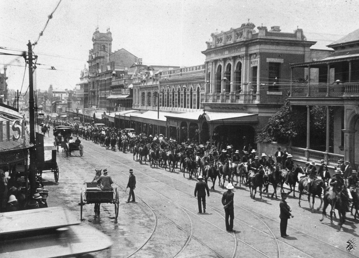 Special constables riding down Queen Street, Brisbane, during the General Strike of 1912, Brisbane City