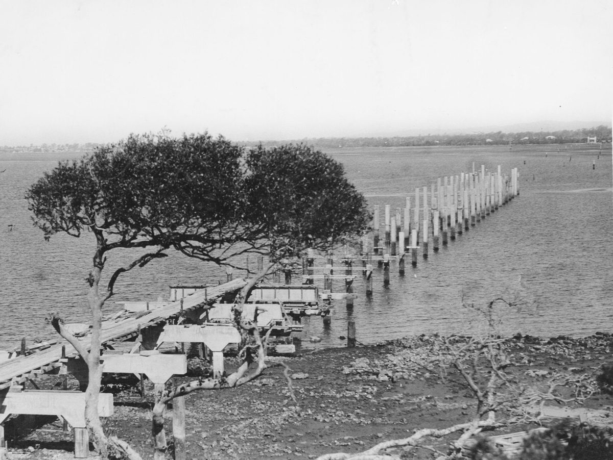 Progress on the Hornibrook Highway viaduct, Redcliffe, 1933
