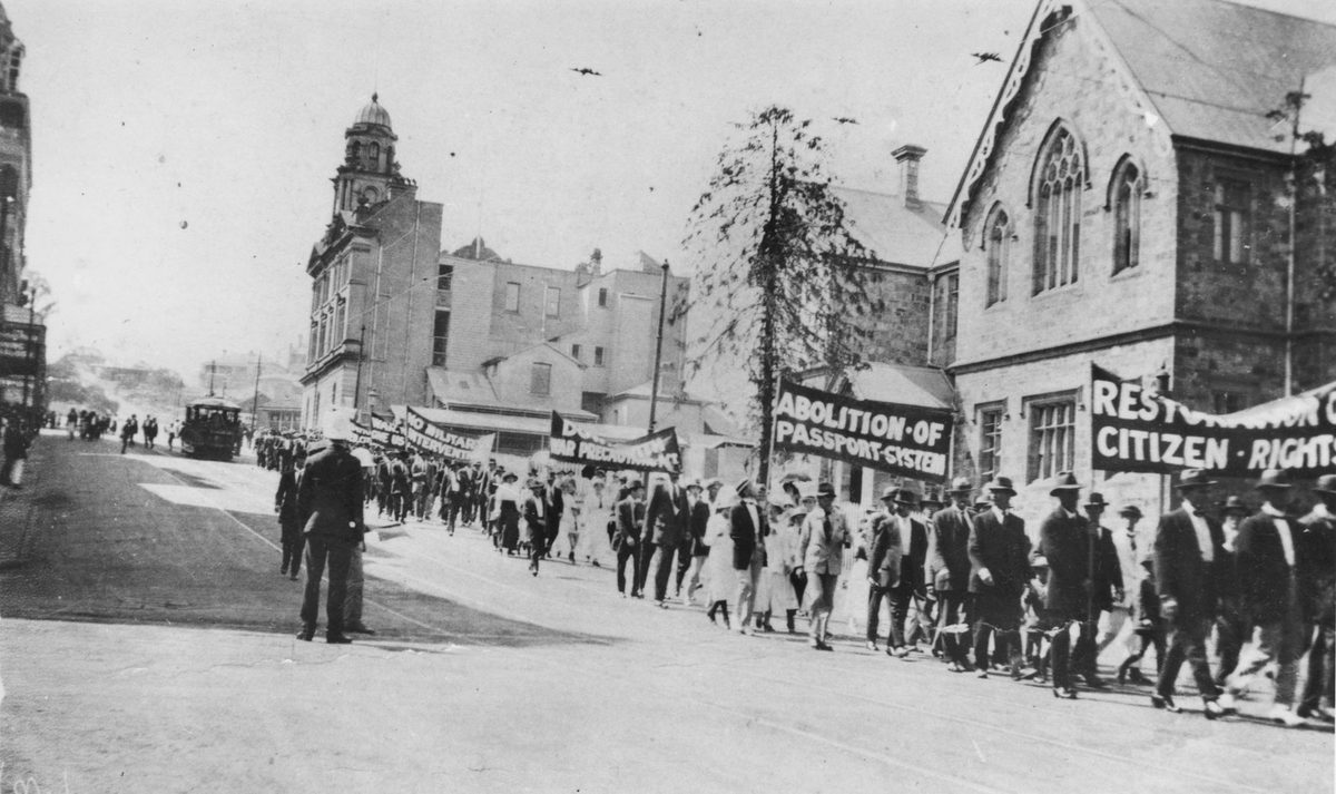 Demonstrators participate in a workers demonstration march, Brisbane, 1919